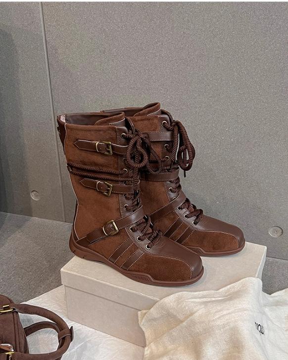 

Retro round head splicing lace-up thick-soled Martin boots women s 2025 new niche belt buckle versatile German training boxing boots 35 коричневый