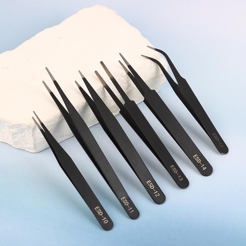 6pcs Durable Stainless Steel Tool For Electronic Repair And Process Modeling, Bending&St Precision ESD Anti-static Tweezers Set