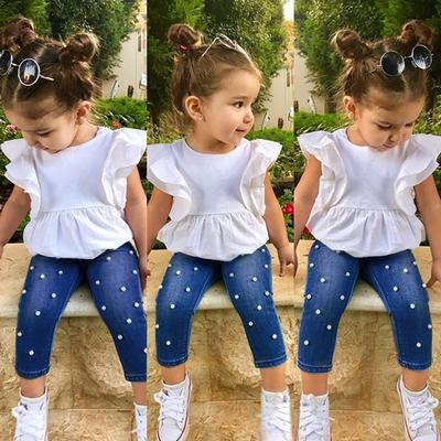 Baby Kids Children Girls Blue T-shirt Jeans pants Tops Cardigan 3PCS Outfit Set