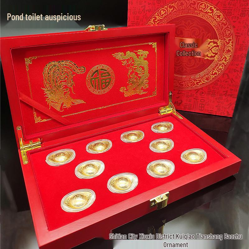 Gold Foil Fukurokuju Ornament Set: Three-Way God of Wealth with Dragon, Phoenix & Gold Ingots for Auspicious Home Decoration