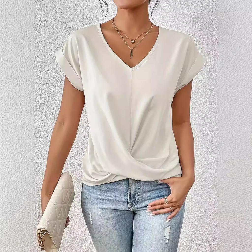 Women's V Neck Rolled Cap Sleeve T Shirt Front Twist Knot Solid Color Elegant Summer Blouse
