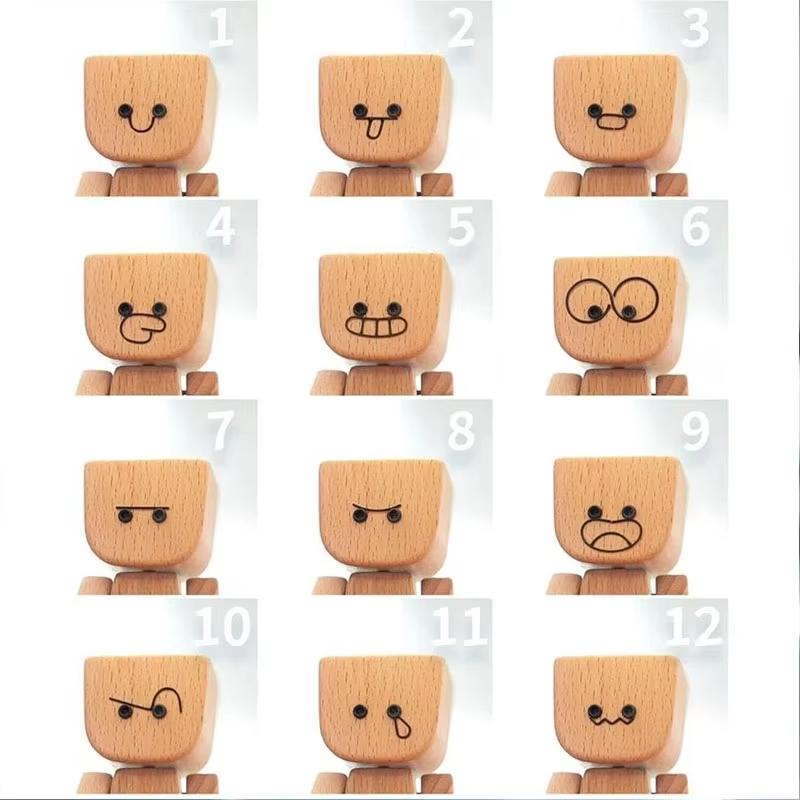 Christma Shaking Man Statue Wooden Man Figurines With 12 Replacement Expression Unique Car Dashboard Decoration Desktop Ornament