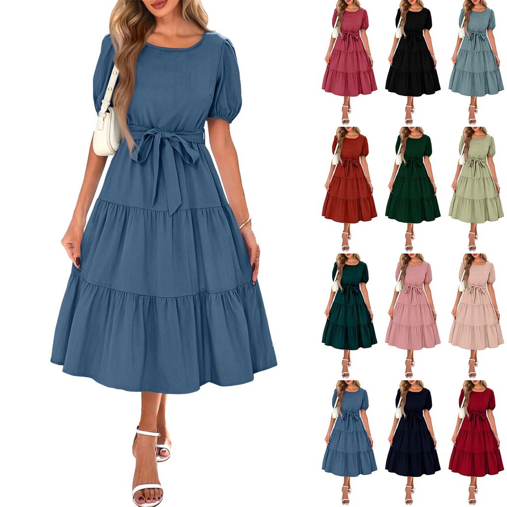 Women's Summer Solid Color Short Sleeve Round Neck Waistband Bohemian Flowy Layered Maxi Dress With Pockets