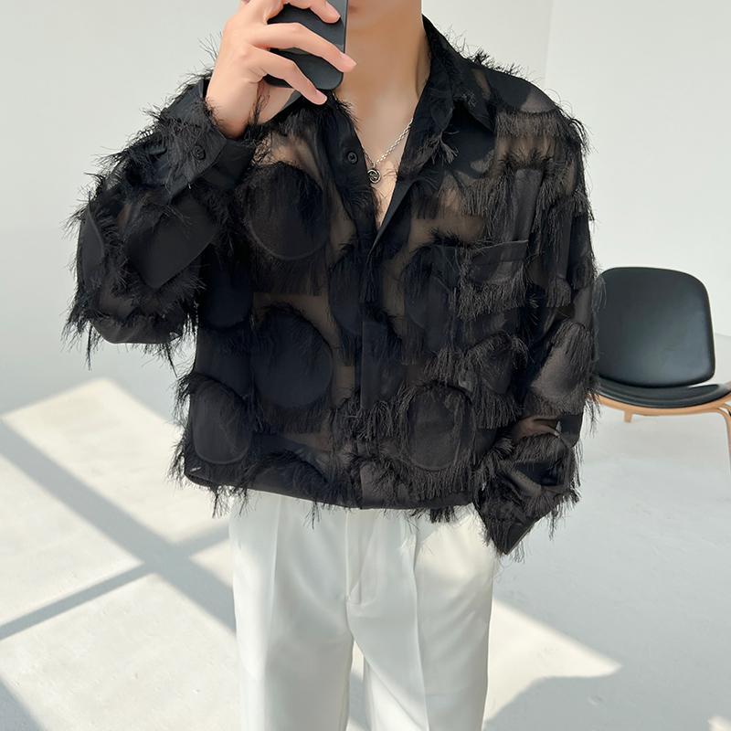 

2025 Мужские рубашки в корейском стиле, модные мужские сексуальные ажурные рубашки, мужские повседневные тонкие блузки с длинными рукавами, уличная одежда, модные вечерние рубашки 2XL чёрный