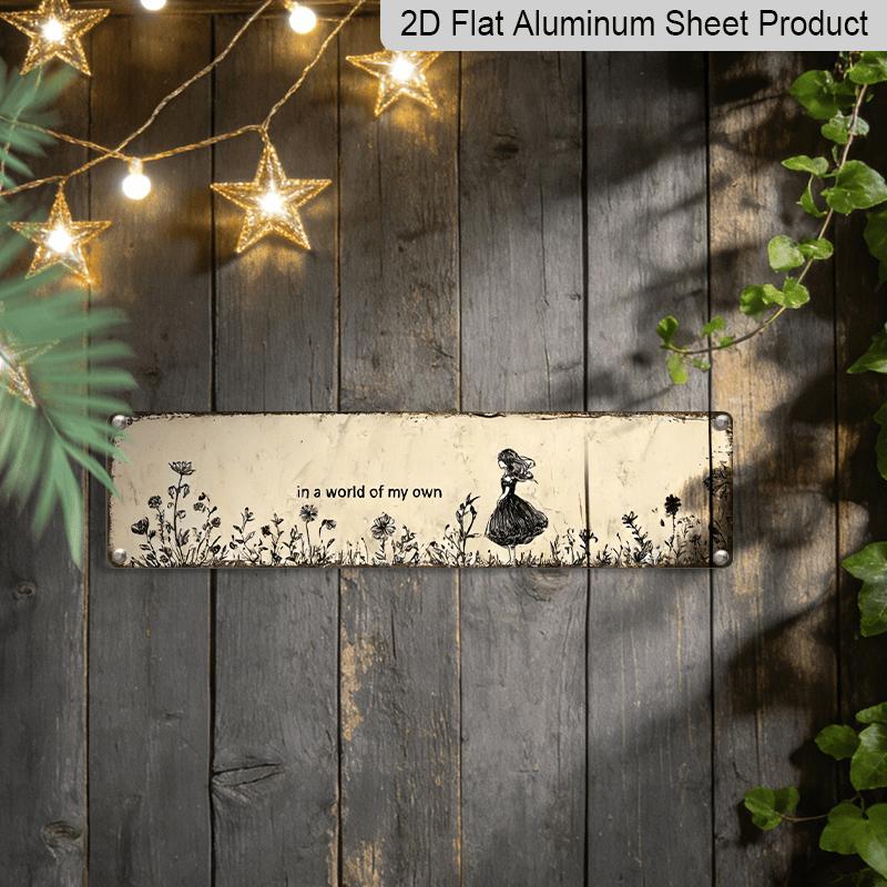 2D Flat, 1pc Vintage "In A World of My Own" Metal Wall Art Sign - Rustic Retro Aluminum Decorative Sign with Floral Whimsical Design, 15.7×3.94inch