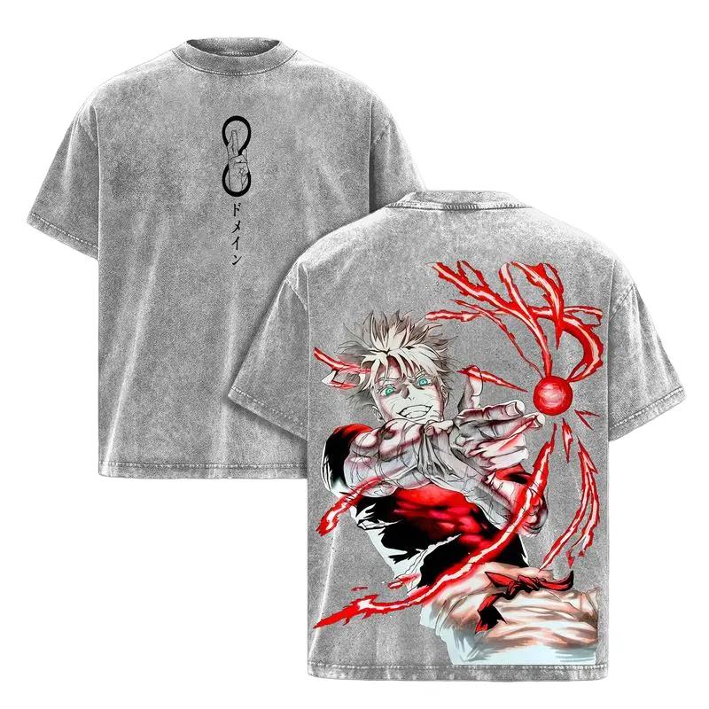 Jujutsu Kaisen Годжо Сатору Принтованная футболка Мужская Женская Одежда Харадзюку Винтажная Вываренная Футболка Оверсайз Повседневные Хлопковые Футболки Топы XXL серый
