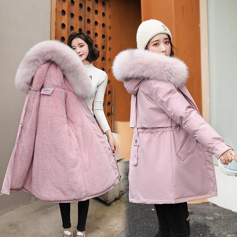 Parka da donna, cappotto lungo alla moda, fodera in lana con cappuccio, giacca invernale slim con collo in pelliccia, caldo abbigliamento da neve, abbigliamento imbottito
