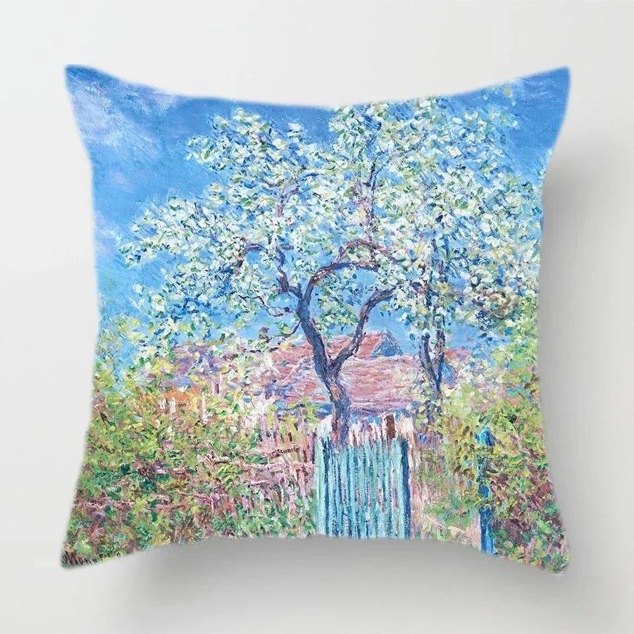 Claude Monet Polyester Printing Cushion Cover Sofa Landscape World Famous Oil Painting Throw Decorative Pillow Case Home Decor