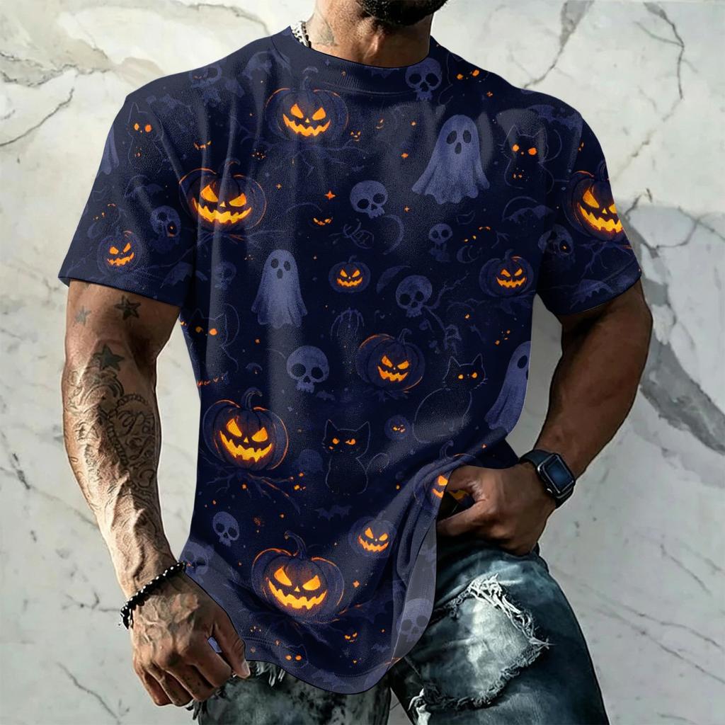 Men Halloween Print Vintage Texture Short Sleeve T Shirt Loose Breathable Summer Sport Street Casual Daily Wear Top