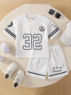Girls' 2-Piece Sporty Outfit, Number Print V-Neck Short Sleeve T-Shirt + Elastic Waist Shorts, Kids Casual Summer Set