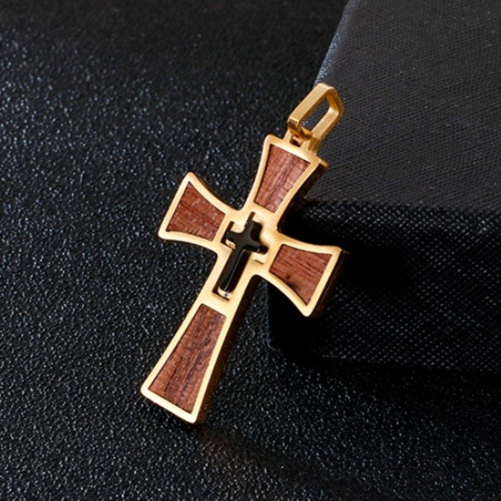 Wood Inlay Crucifix Pendant Titanium Steel Catholic Necklaces Pendant  Spiritual Meditation