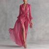 Women's V Neck Long Sleeve Maxi Dress Slim Fit Mid Waist Elegant Wrap Chiffon Dress