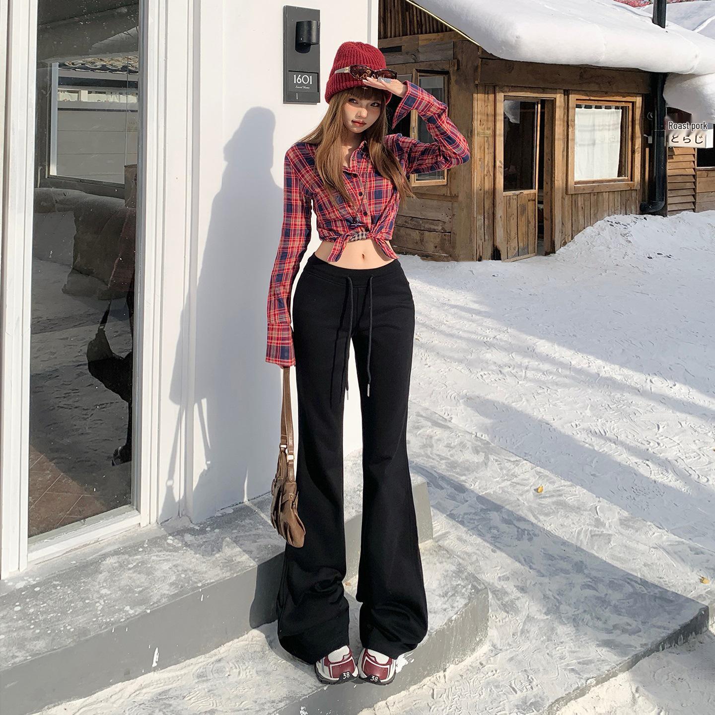 Women s White Micro-Flare Sweatpants: 2025 Autumn/Winter, Fleece-Lined, Slimming & Casual with Good Drape XL