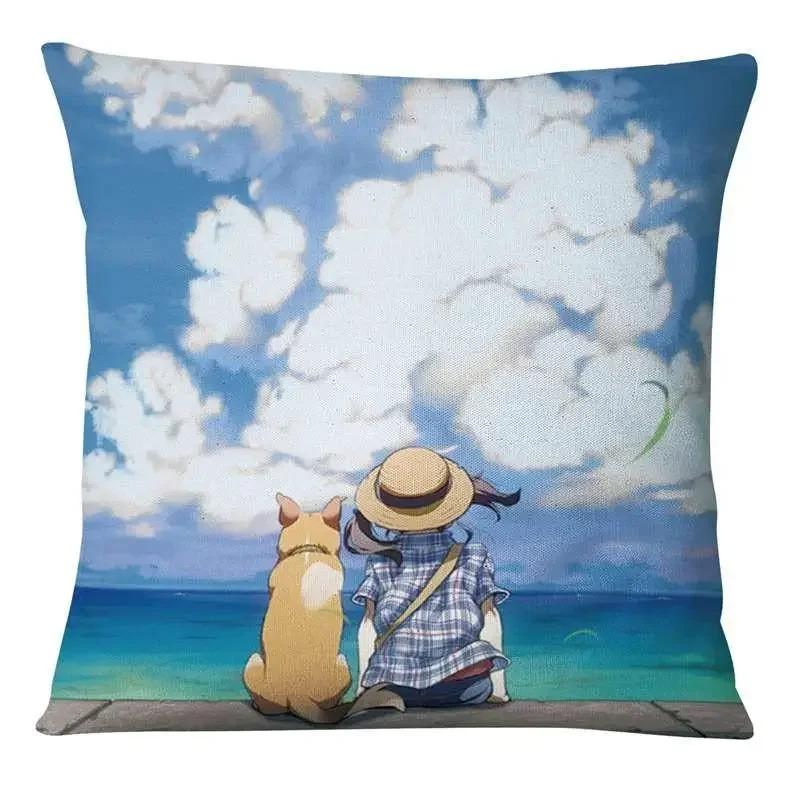 Japanese Style Cartoon Painting Pillowcase Little Girl Sky Print Pillowcase Bedroom Home Decoration Sofa Cushion Cover