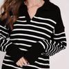 V-neck, Lapel, Striped Women's Long-sleeved Autumn Base Layer Top, Sweater, Contrasting Color Loose Navy Style Coat