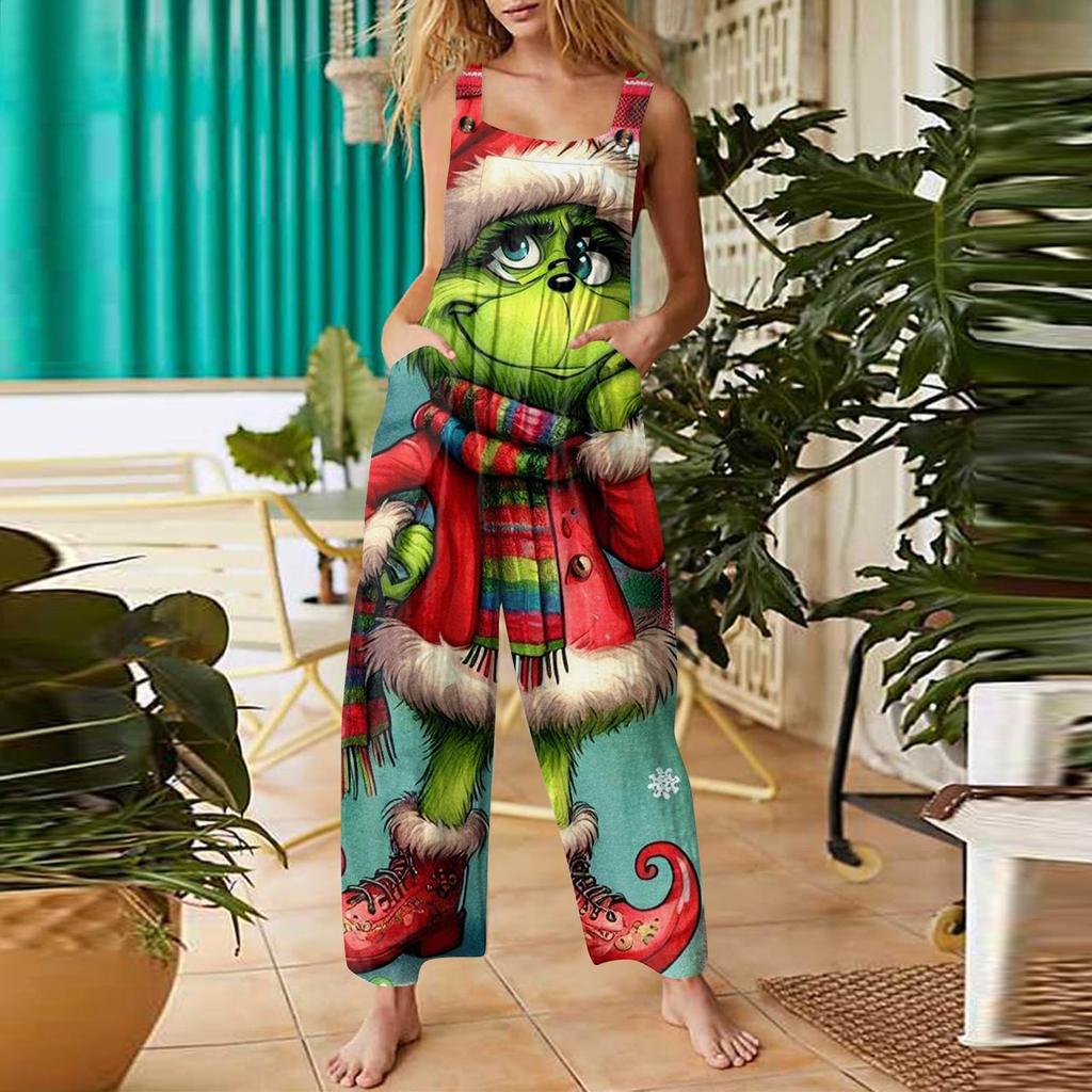 Dámská móda Vánoční potisk Ležérní Retro Bez rukávů Knoflíkový overal