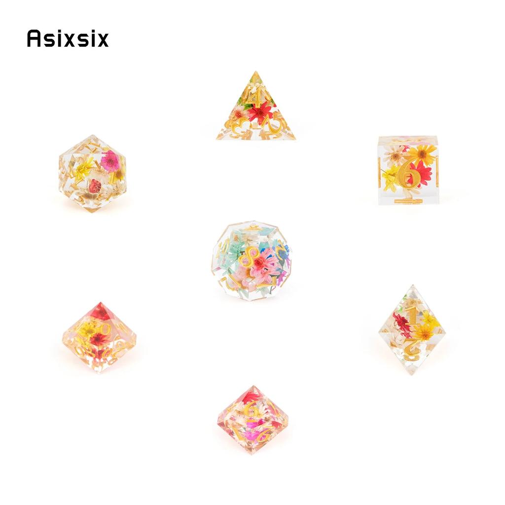 7 Pcs Flower Resin Golden Number Sharp Edge Dice Polyhedral Dice Suitable for Role-Playing RPG    Board Game