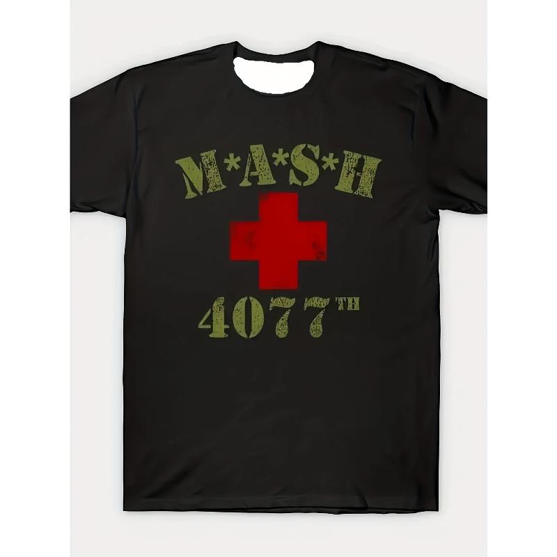 European Size Vintage Pattern Men's T-Shirt Casual Loose Short Sleeve, Signature Red Cross and Print Round Neck Comfortable Durable Clothing