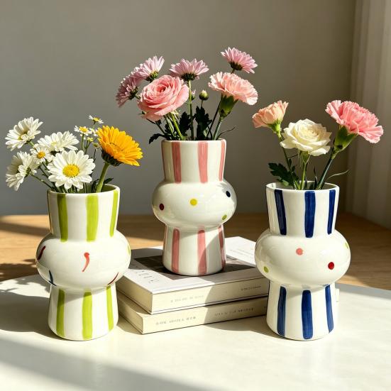 Ceramic Vase Hand Painted Striped Polka Dot Flower Vase Gourd Shape Vase for Fresh And Dried Flowers Home