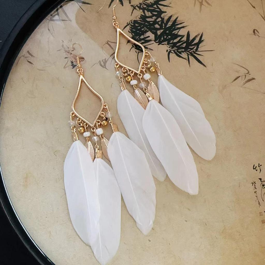 Bohemian Feather Seed Bead Tassel Earrings - Retro Ethnic Dangle Jewelry
