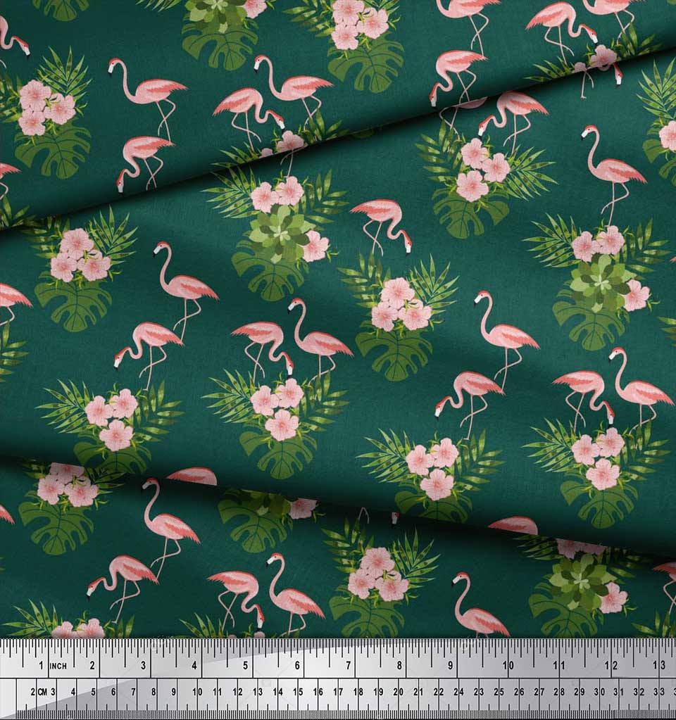 Soimoi Japan Crepe Satin Fabric Tropical Leaves,Floral & Flamingo Bird Print Fabric by the metre 42 Inch