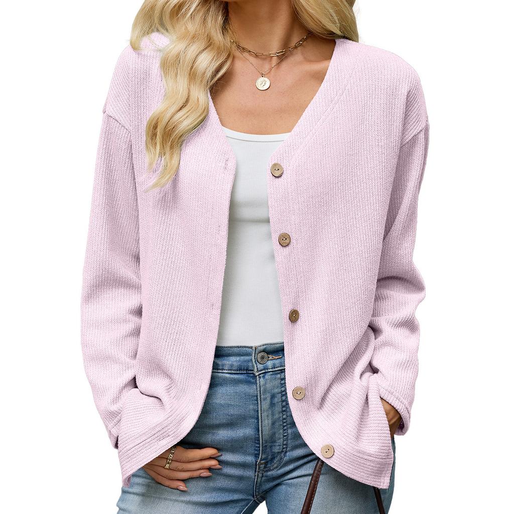 Europe, America 2026 Autumn and Winter New Solid Color V-neck Loose Long-sleeved Button Cardigan Jacket Women
