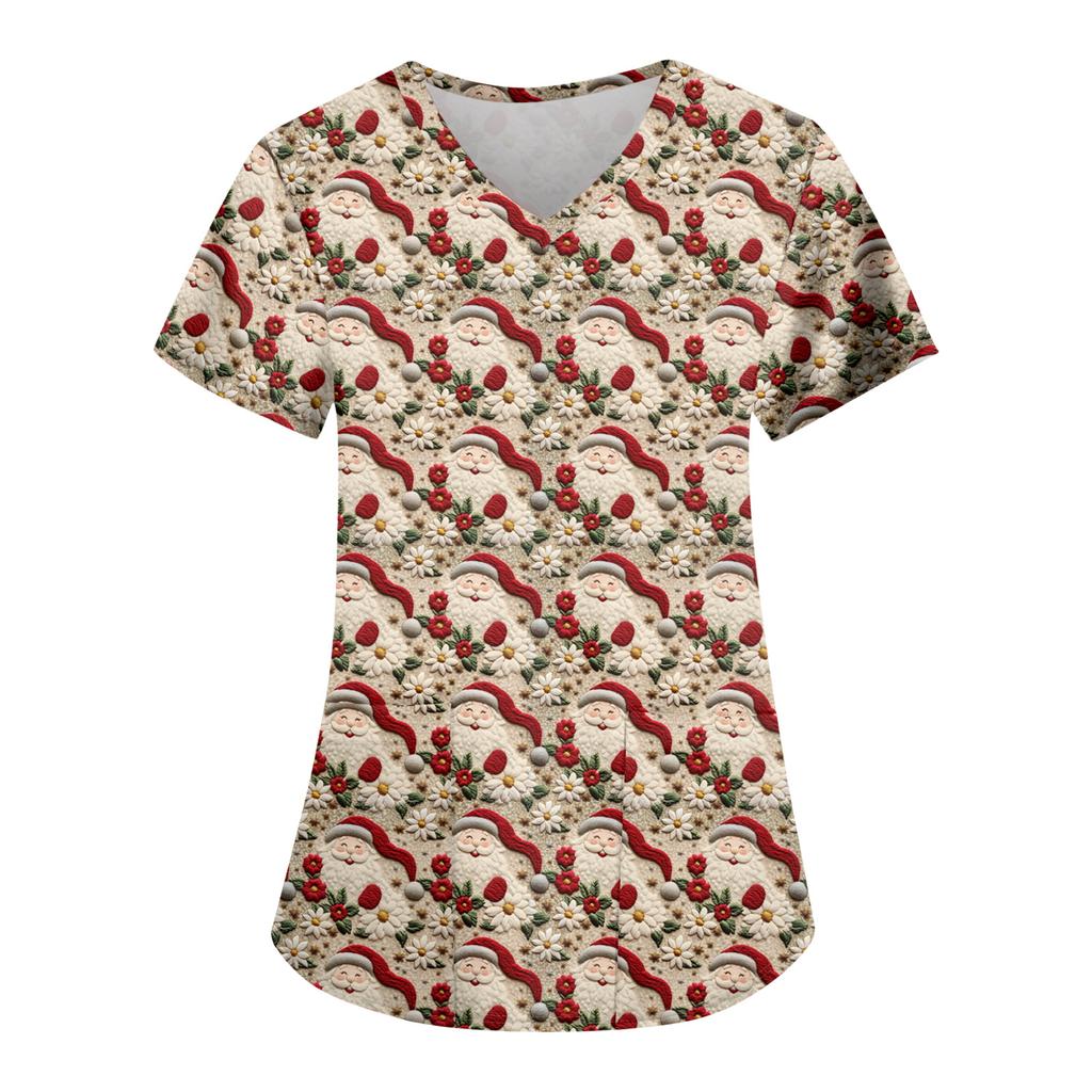 Women's Fashion Casual Christmas Print Pocket T-shirt Top