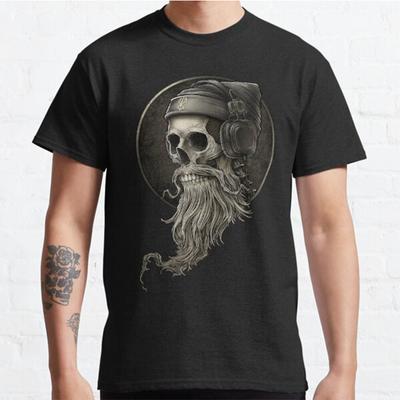 Sommer-T-Shirts für Herren aus 100 % Baumwolle, Wikinger-Vintage-Schädel, Bart mit Kopfhörer, bedruckt, lässige Top-T-Shirts