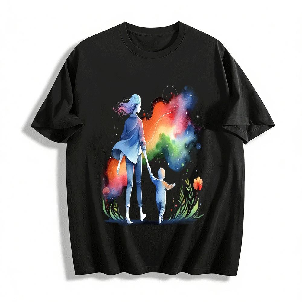 Watercolor Mom Toddler Holding Hands Print Family Matching Tees Pure cotton T-shirt XXS