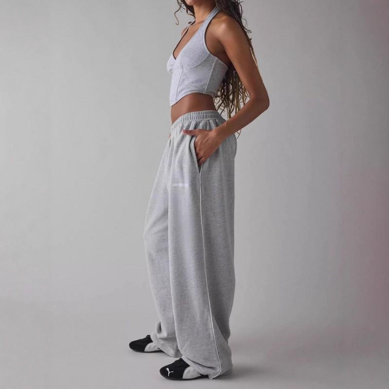 Womens Relaxed Fit Straight Leg Trousers With Embroidery Detail Pink Casual Workwear Pants