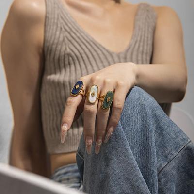 Unique Exquisite Vintage Open Rings Shell Simple Oval Stone Rings Stainless Steel Women Jewelry Exaggerated Finger Ring Women