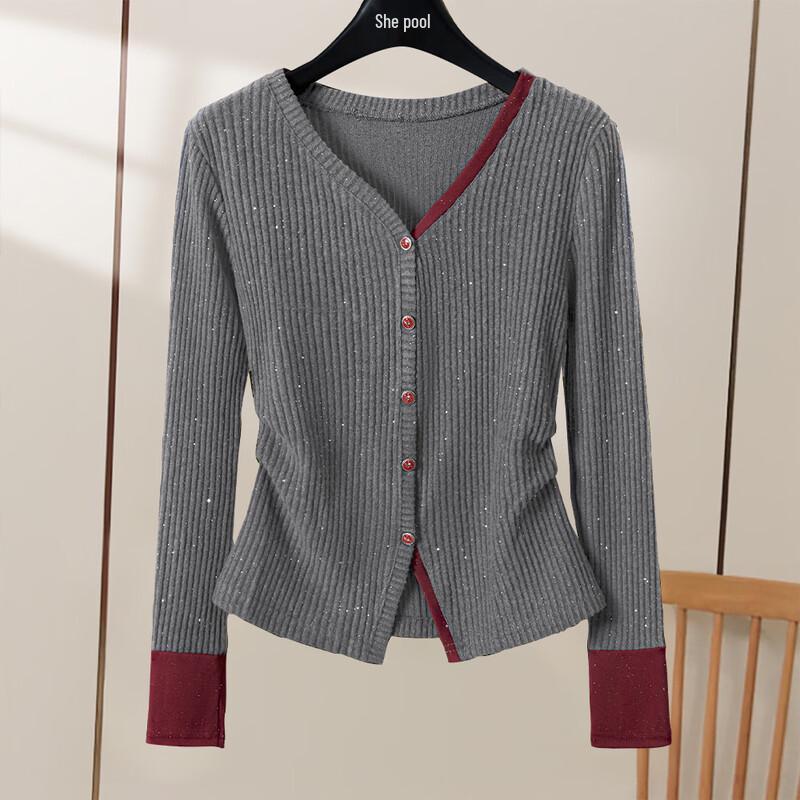 

Women s V-neck Color Block Knit Cardigan M