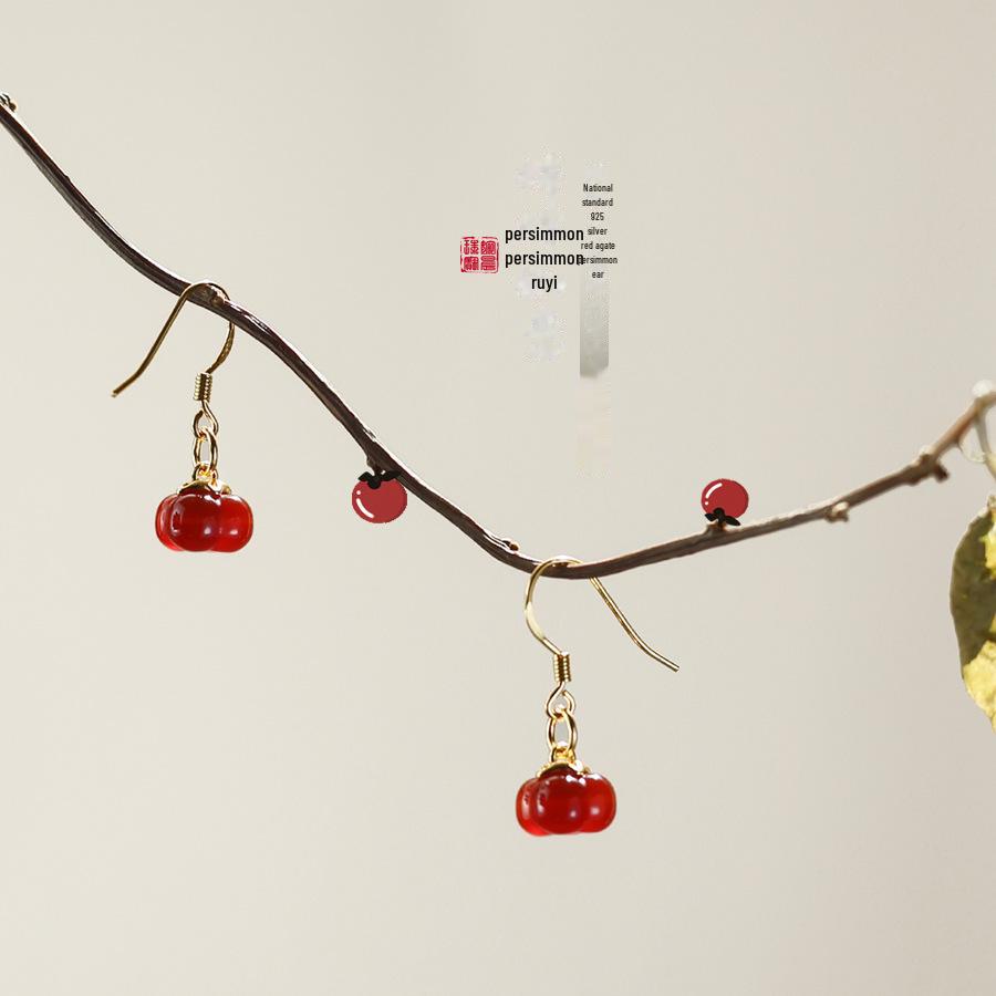 

Серьги из халцедона и агата в стиле ханьфу: Крючки для хурмы Ruyi из серебра 925 пробы 925 Silver Red Agate