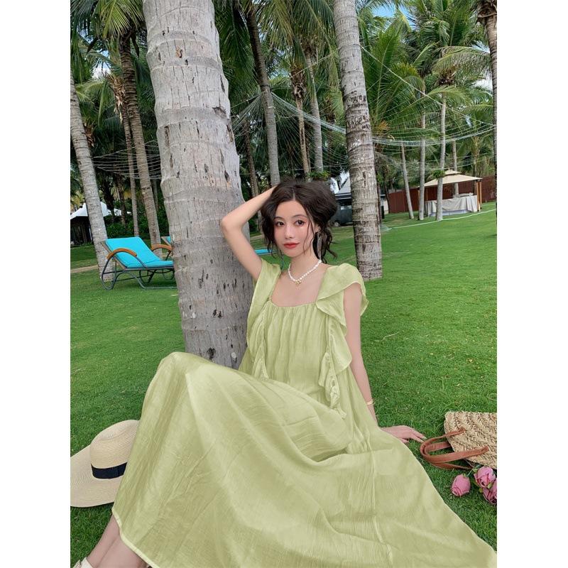 French halter lotus leaf streamer suspender dress women's summer vacation style sexy gentle lazy skirt