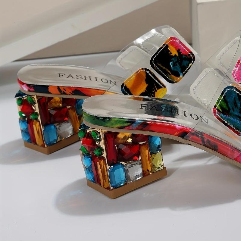 Women's Colorful Chunky Heeled Sandals Rhinestone Decor Slip On Open Toe Mid Heels Stylish Daily Wear Sandals