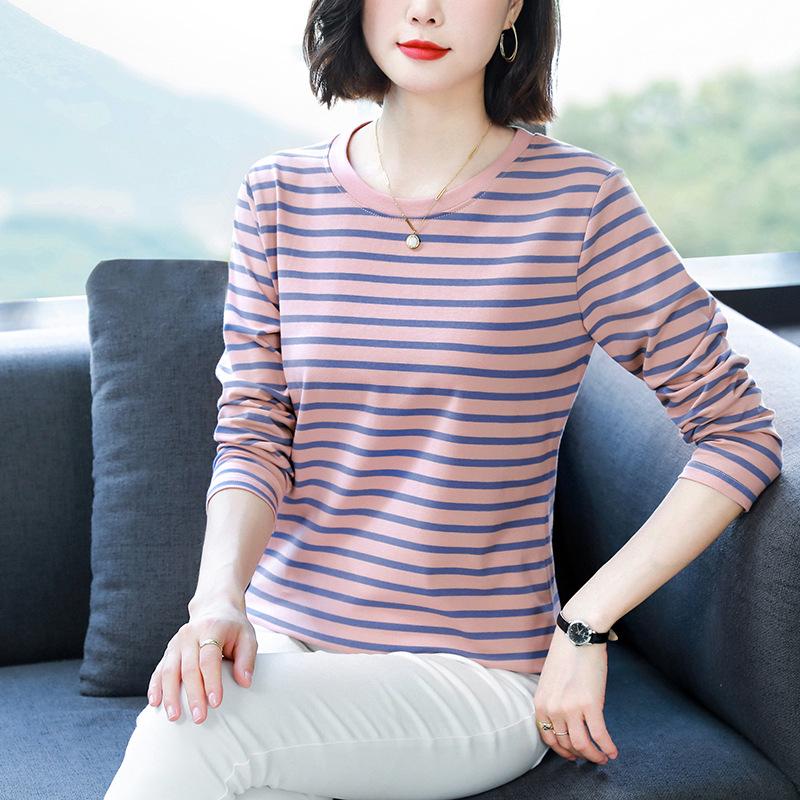 Plus Size Loose-Fit Cotton Striped Long-Sleeve T-Shirt for Middle-Aged & Elderly Women
