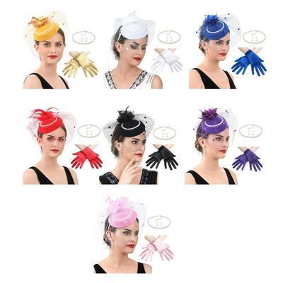 2025 Derby Hat For Women Feather Fascinator Hat and Necklace Earring Lace Short Gloves Set For Teas Party Church Wedding