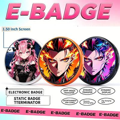 1.5 Inch HD Touchscreen Electronic Badge Remote Photography E-Badge with Lanyard Hole App Remote Photo Upload & Display Dynamic Video/GIF Support