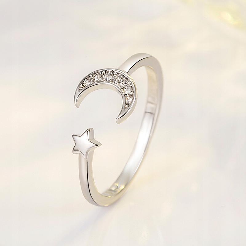 Silver Women's Adjustable Ring Universal Gift Moon Star