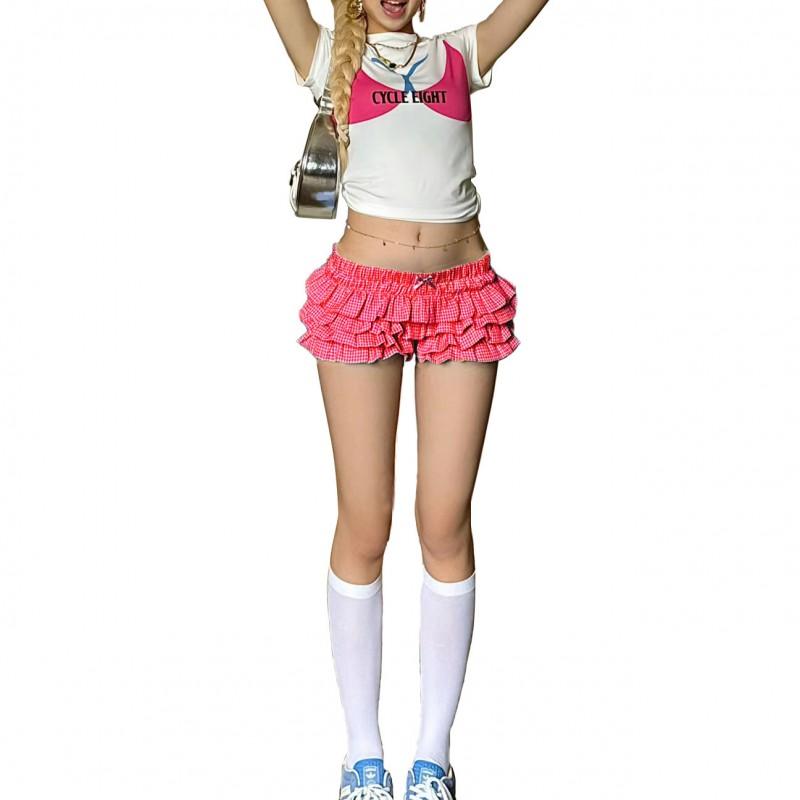 Y2K Sweet Low-Waist Plaid Ruffle Cake Shorts Streetwear Women