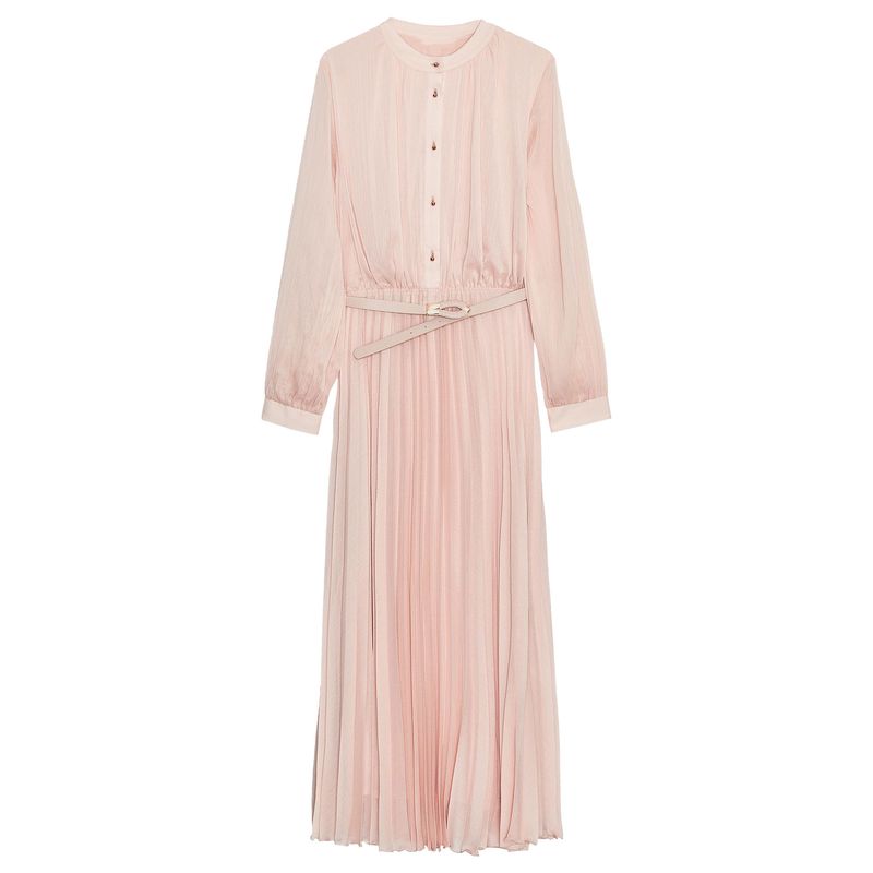

Zaprha 2025 Autumn New Simple With Belt Pleat round Neck Long sleeve Midi Dress 3897096 Light pink L