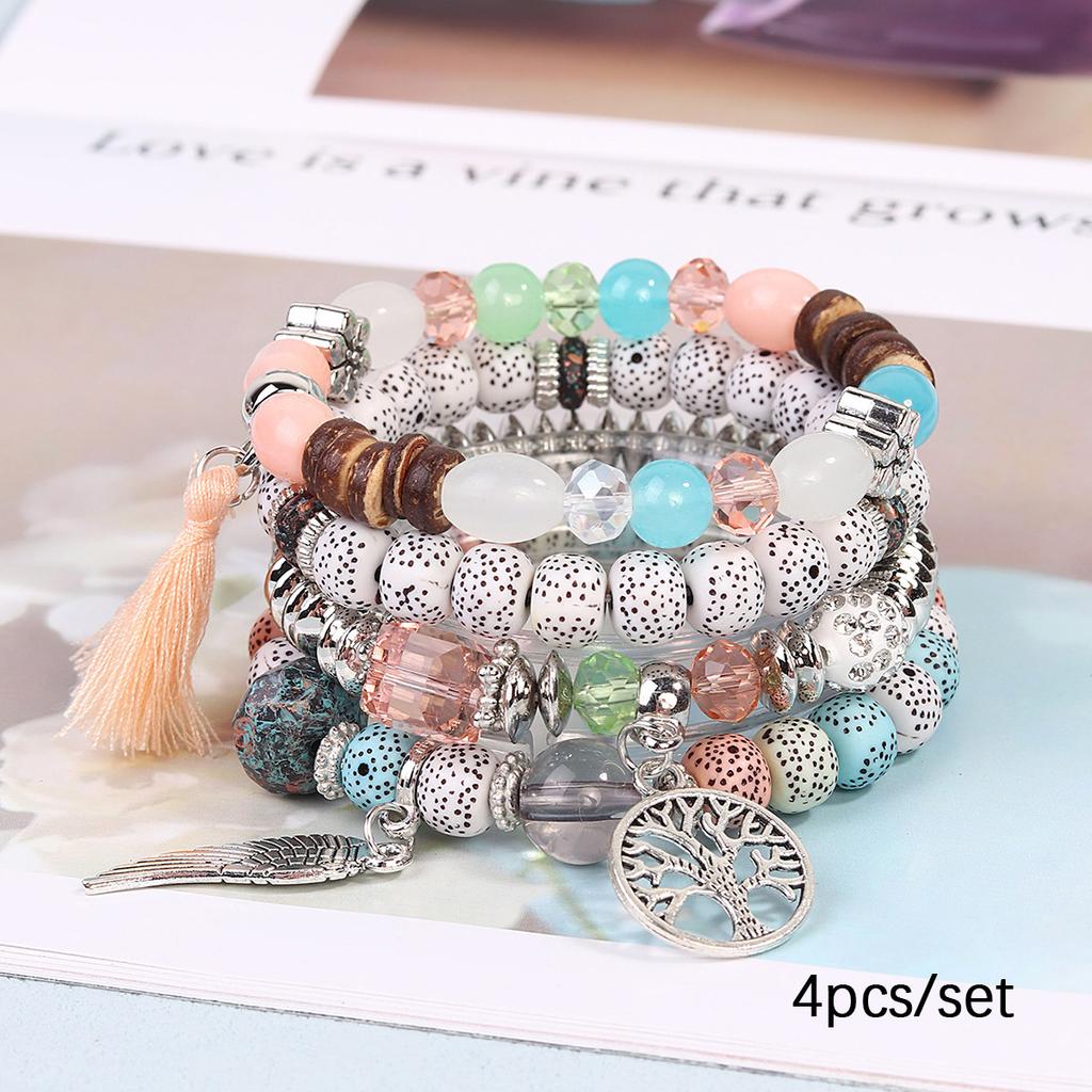 Bohemian Beaded Bracelet Set, Women's Stackable Stretch Bracelets with Tassel & Wing Charm