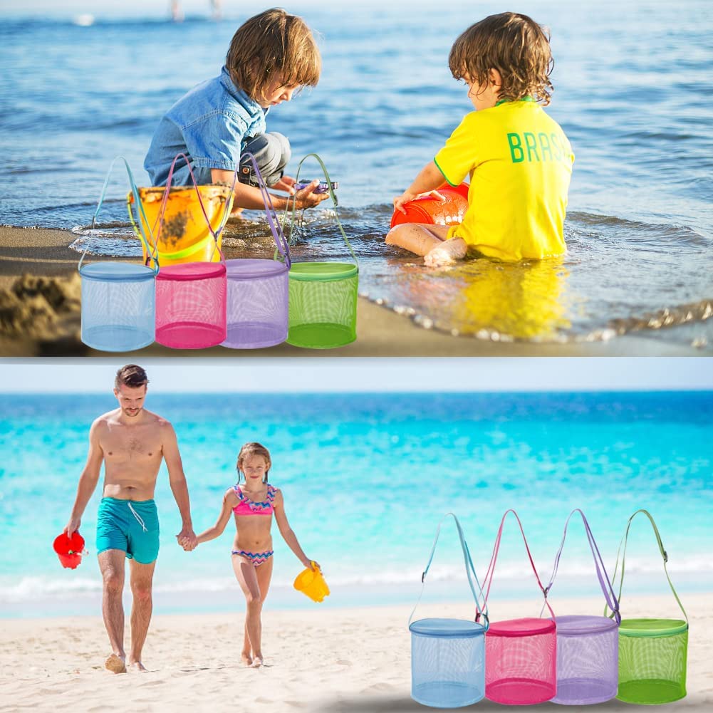 Netz-Strandtasche für Kinder Spielzeug-Organizer Netz Reißverschluss Verstellbarer Schultergurt Aufbewahrungstasche Kinder Muschelsammel-Tasche Runder Eimer