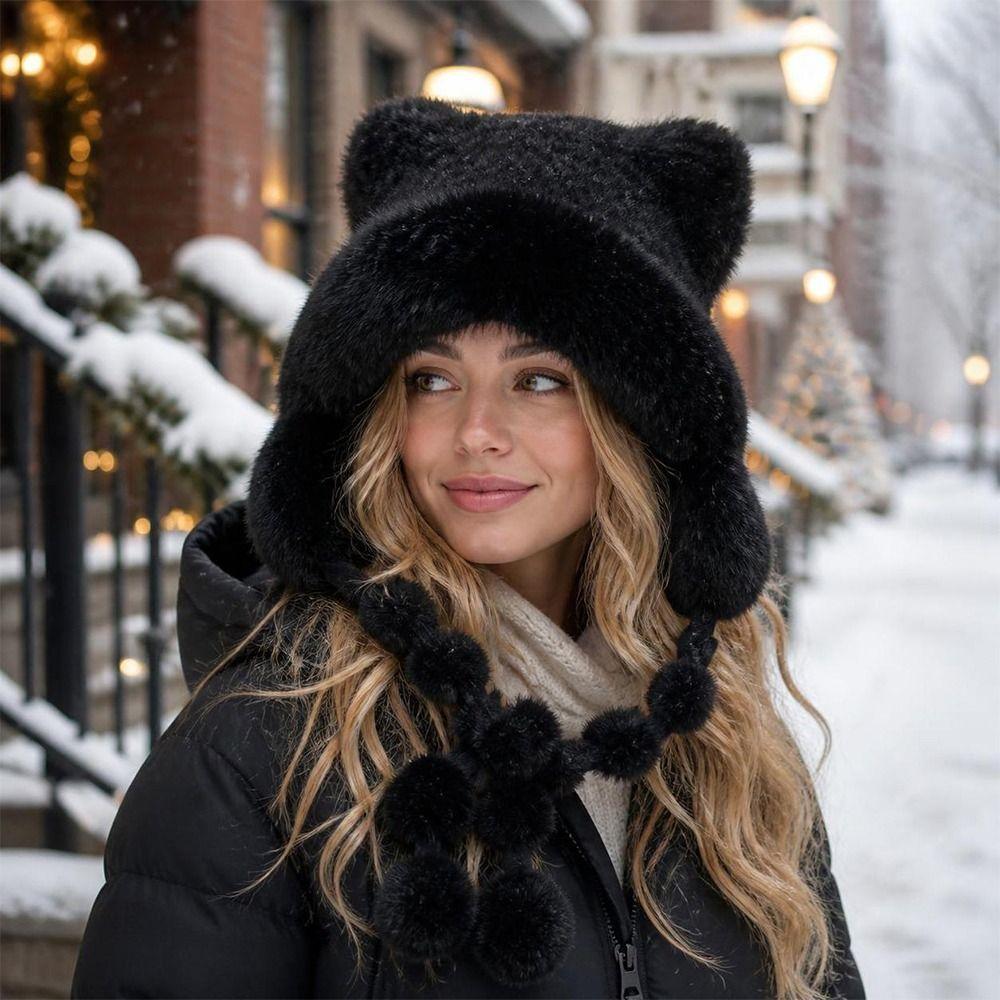 Pom Pom Ball Beanie Hat Thick Warm Winter Ski Cap Cute Bear Ear Winter Hat Winter