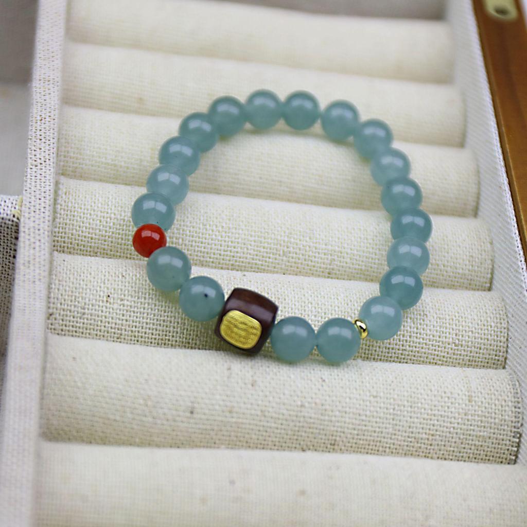 2025 Stylish Blue Jade & Nanhong Sandalwood Inscribed Beaded Bracelet for Women