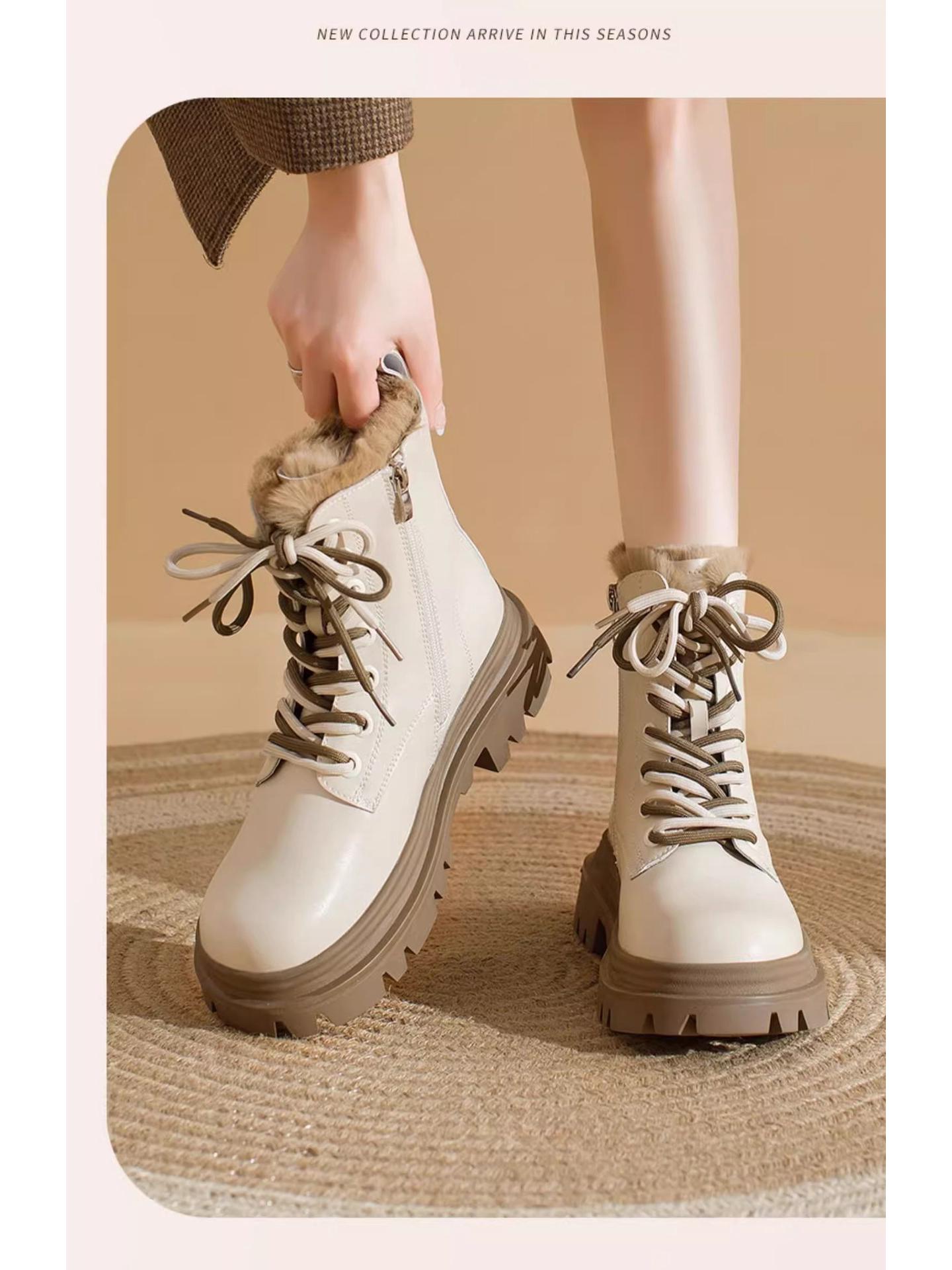 

Женские зимние ботинки на флисовой подкладке, утолщенный стиль 2025, осенне-зимние универсальные ботильоны Мартин. Size 40 грязно-белый