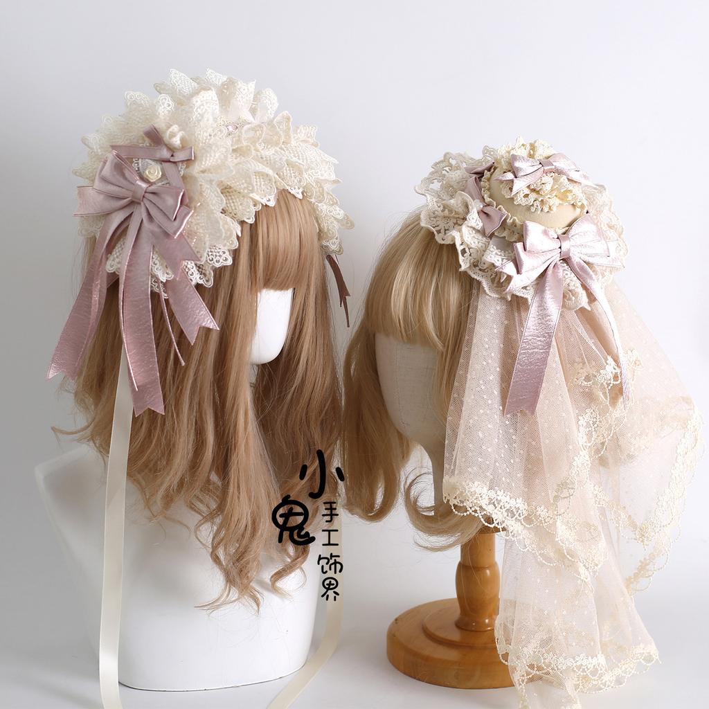 Cream Lolita Original Bow Lace Top Hat Flower Balls Hairpin Veil KC Pillow Ribbon Headband
