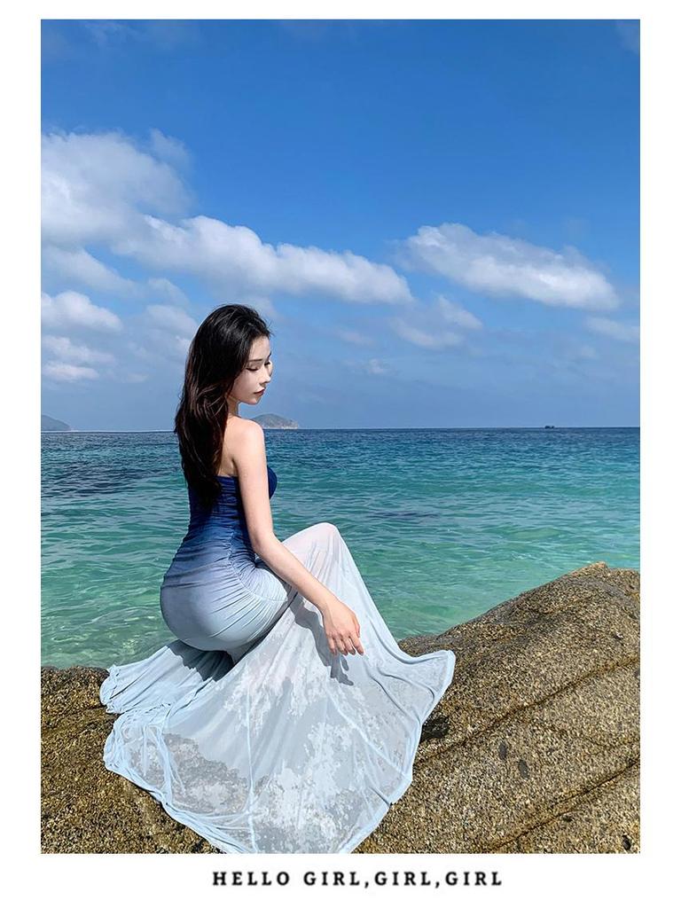 Gradient Blue Elastic Mesh Women's Strapless Fishtail Dress with Slimming Waist and Heart-Shaped Neckline