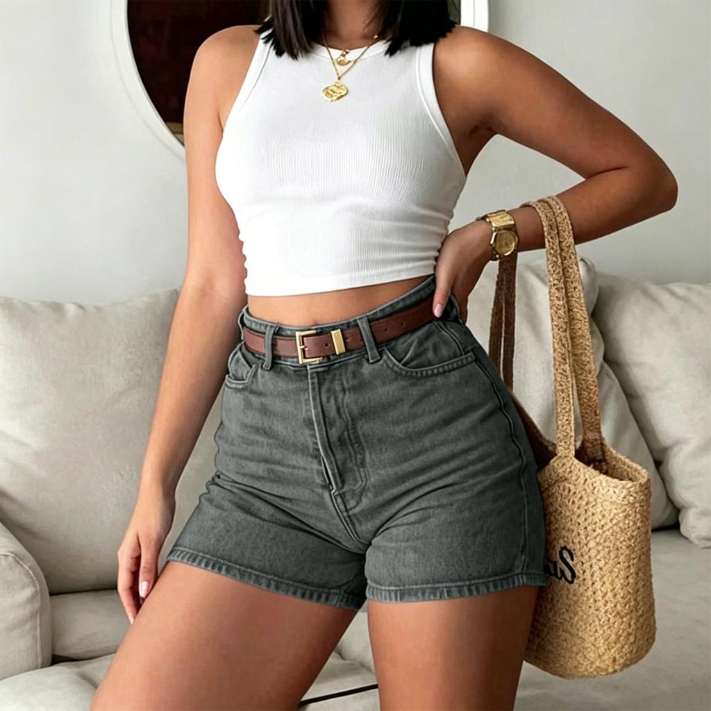 Women High Waist Vintage Denim Shorts Slim Fit Casual Hot Pants with Belt for Summer Everyday Wear