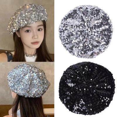 Retro Glitzer Mütze Einfarbige Damen Pailletten Baskenmütze Vintage Glänzende Malerhut Kostümparty